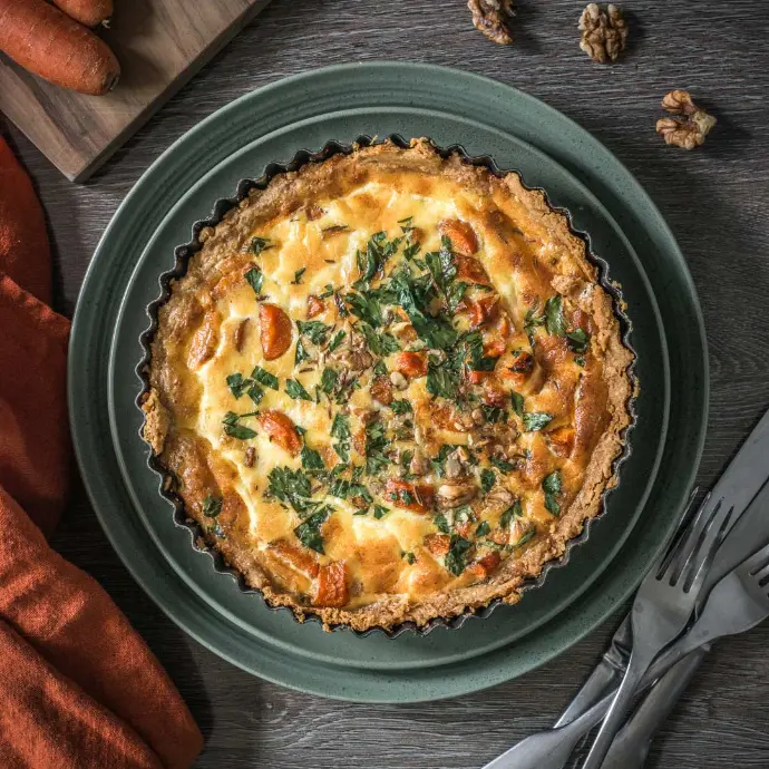 Maple roasted carrot, caraway and walnut tart