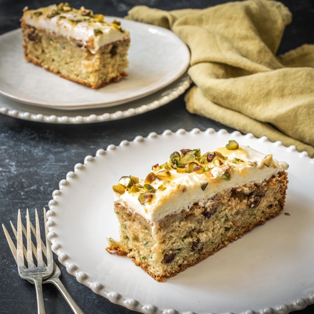 Courgette cake with lime and pistachio icing