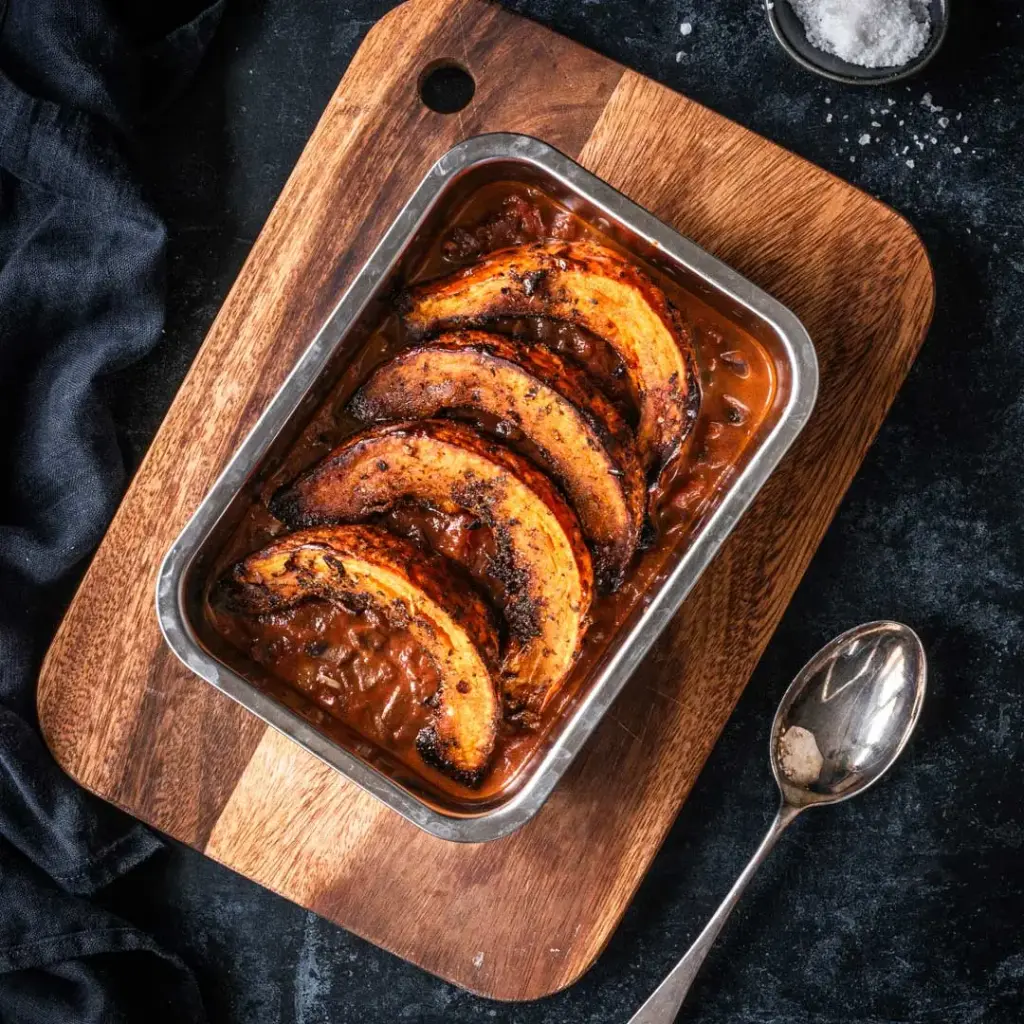 Harissa roasted squash with mushroom & bean ragu