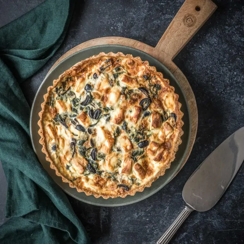 Spinach, olive and feta tart