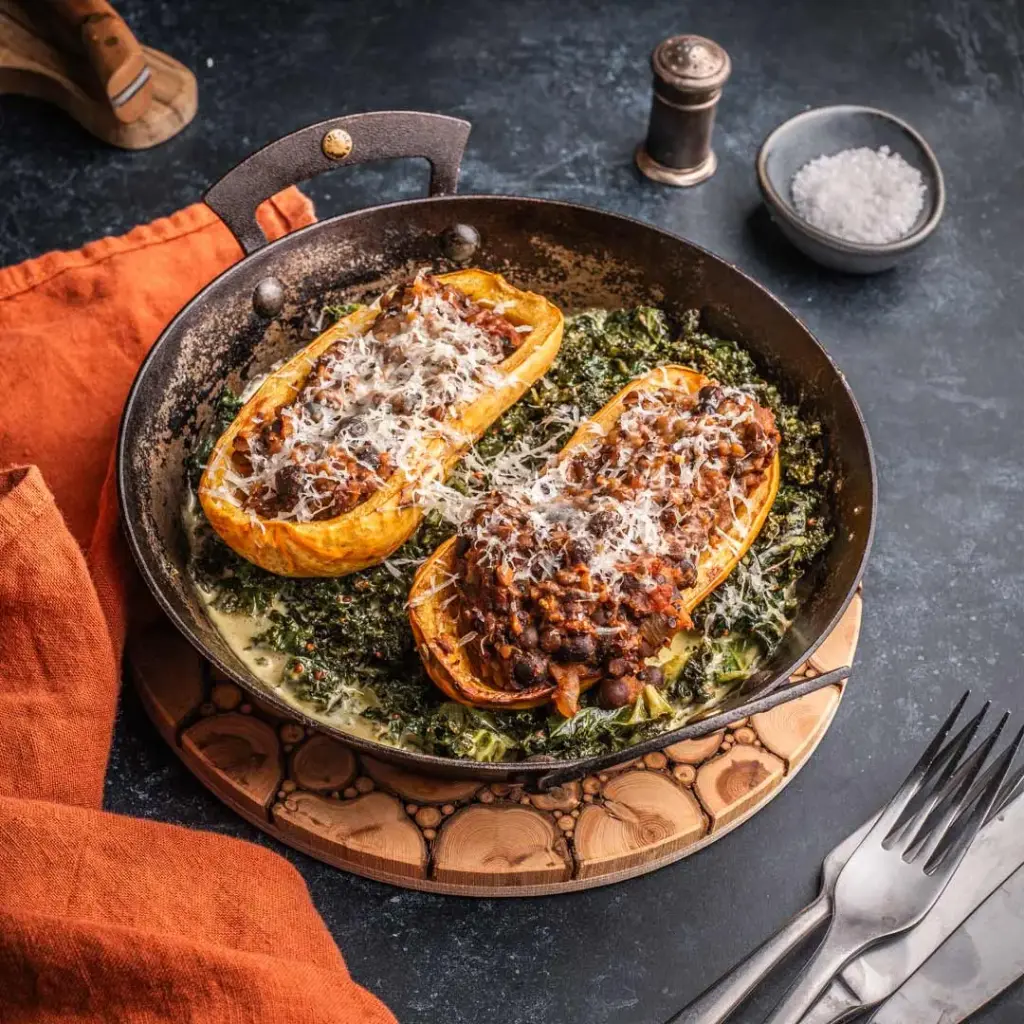 Vegetarian chilli stuffed squash with creamy winter greens