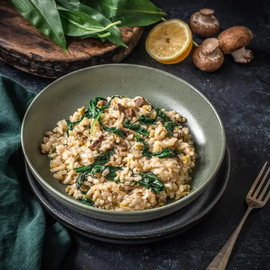 Leek, mushroom and wild garlic risotto