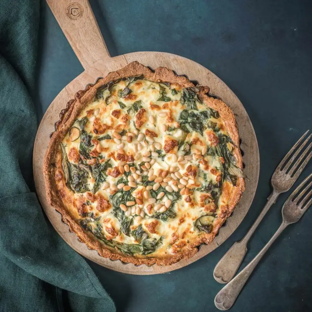 Wild garlic, feta and pine nut tart 