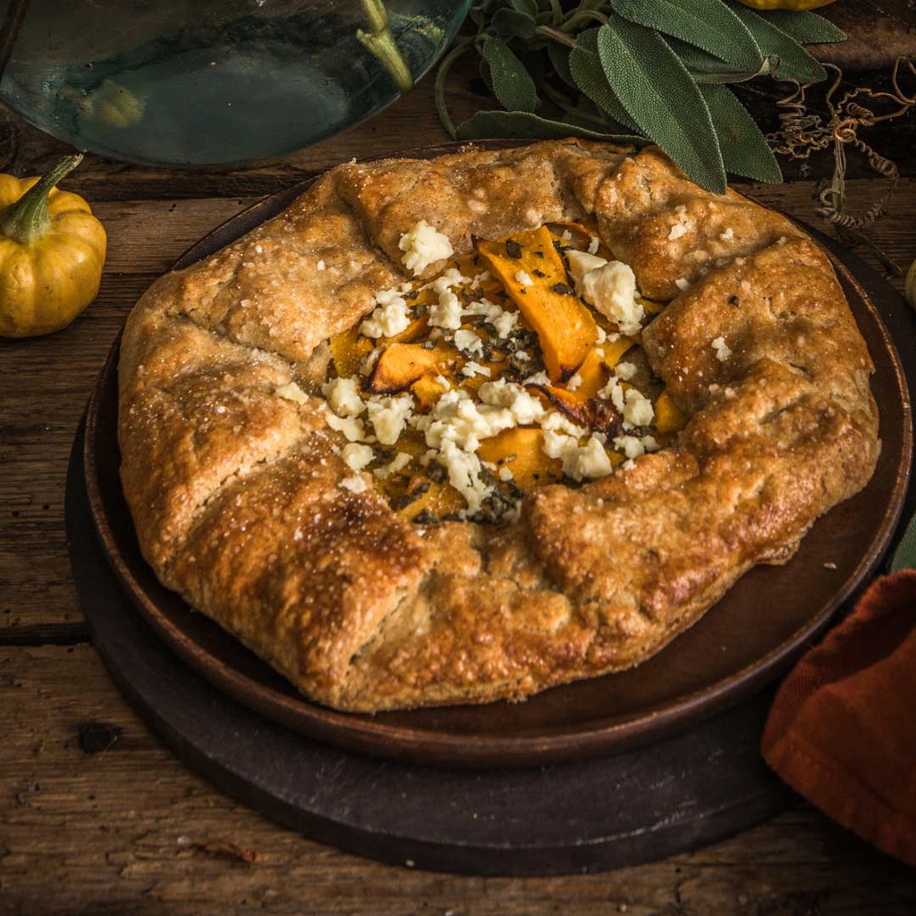 Leek, potato, mushroom and Cheddar galette with pistachios