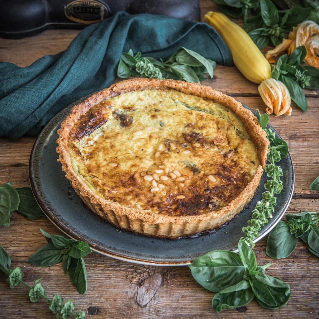 Courgette, potato and Caer Caradoc tart