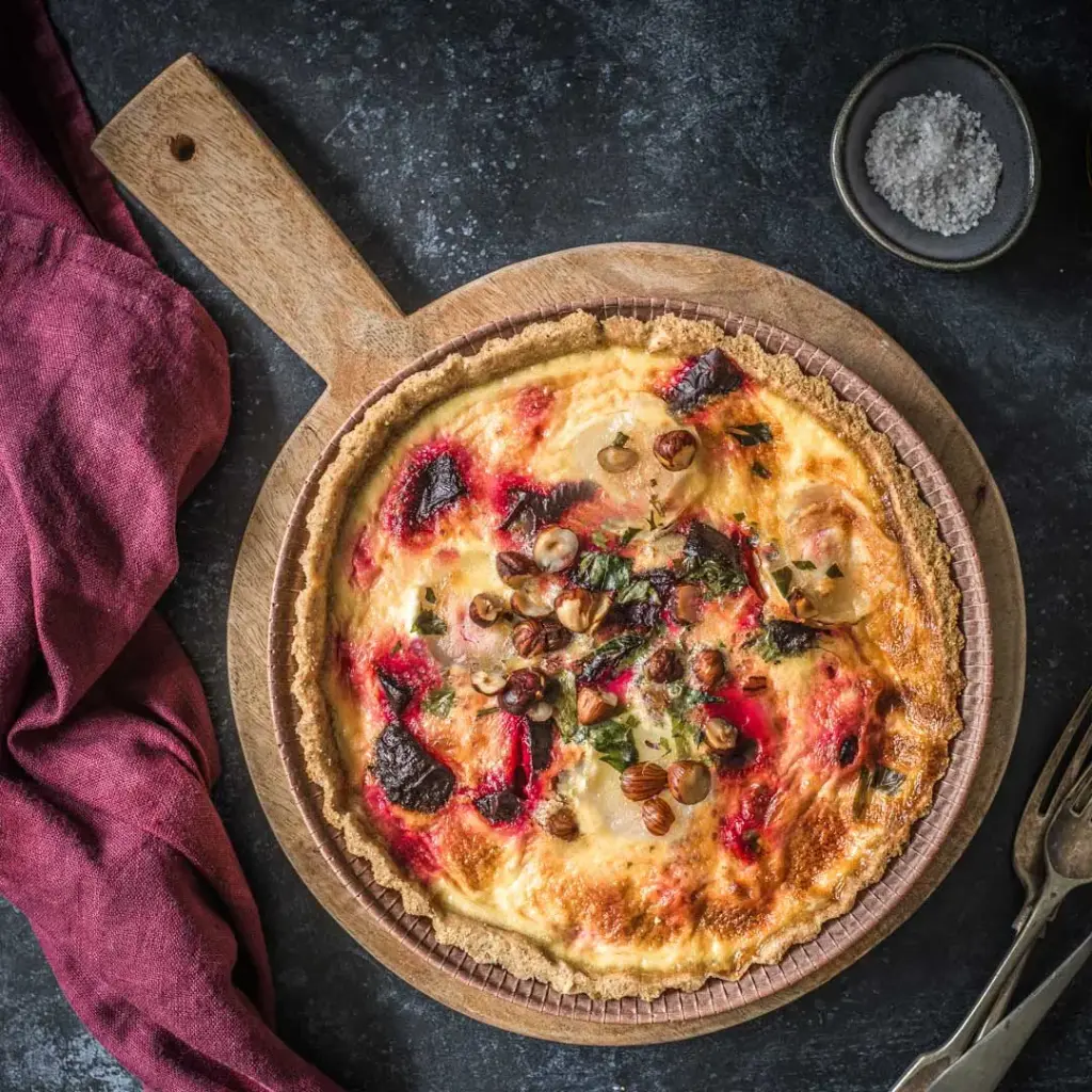 Beetroot, feta and hazelnut tart