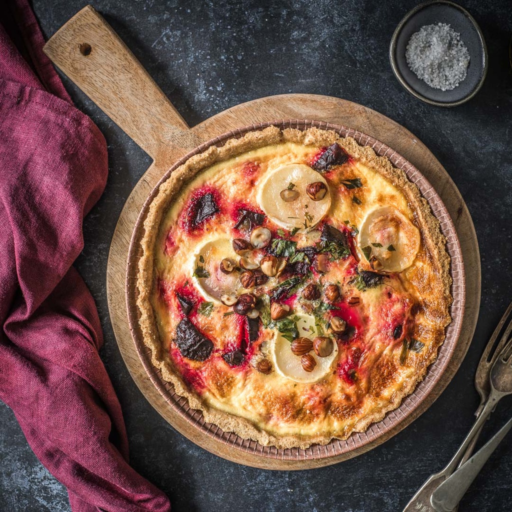 Beetroot, feta and hazelnut tart