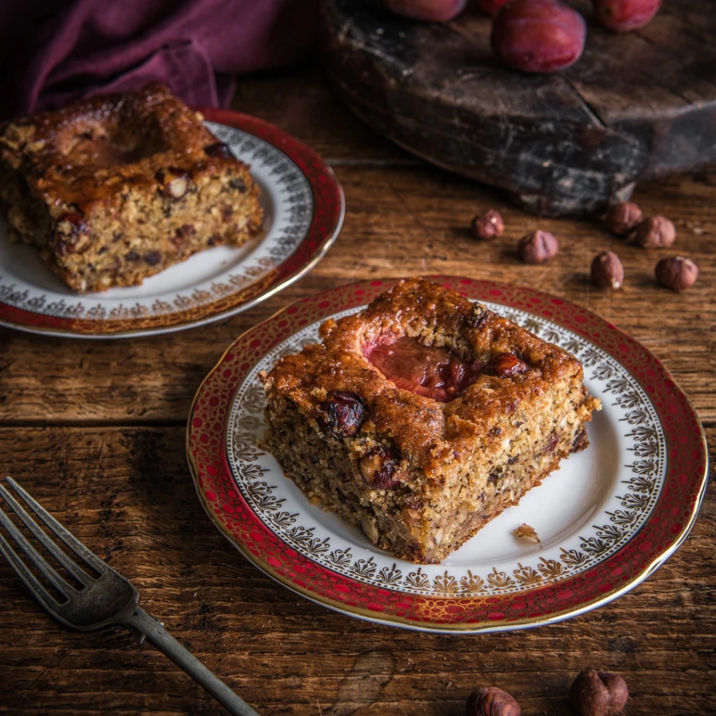Plum, hazelnut & chocolate cake