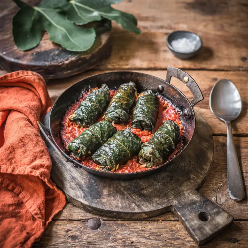 Stuffed fig leaves in a tomato sauce