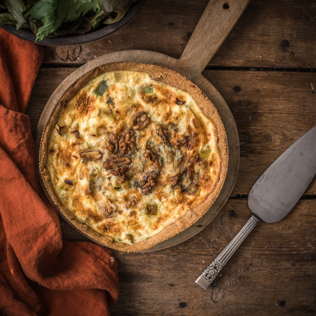 Broccoli, Cheshire cheese and walnut tart