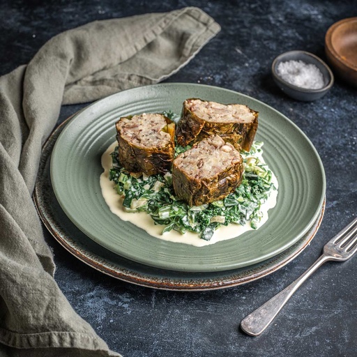 Christmas nut roast rounds with creamed greens